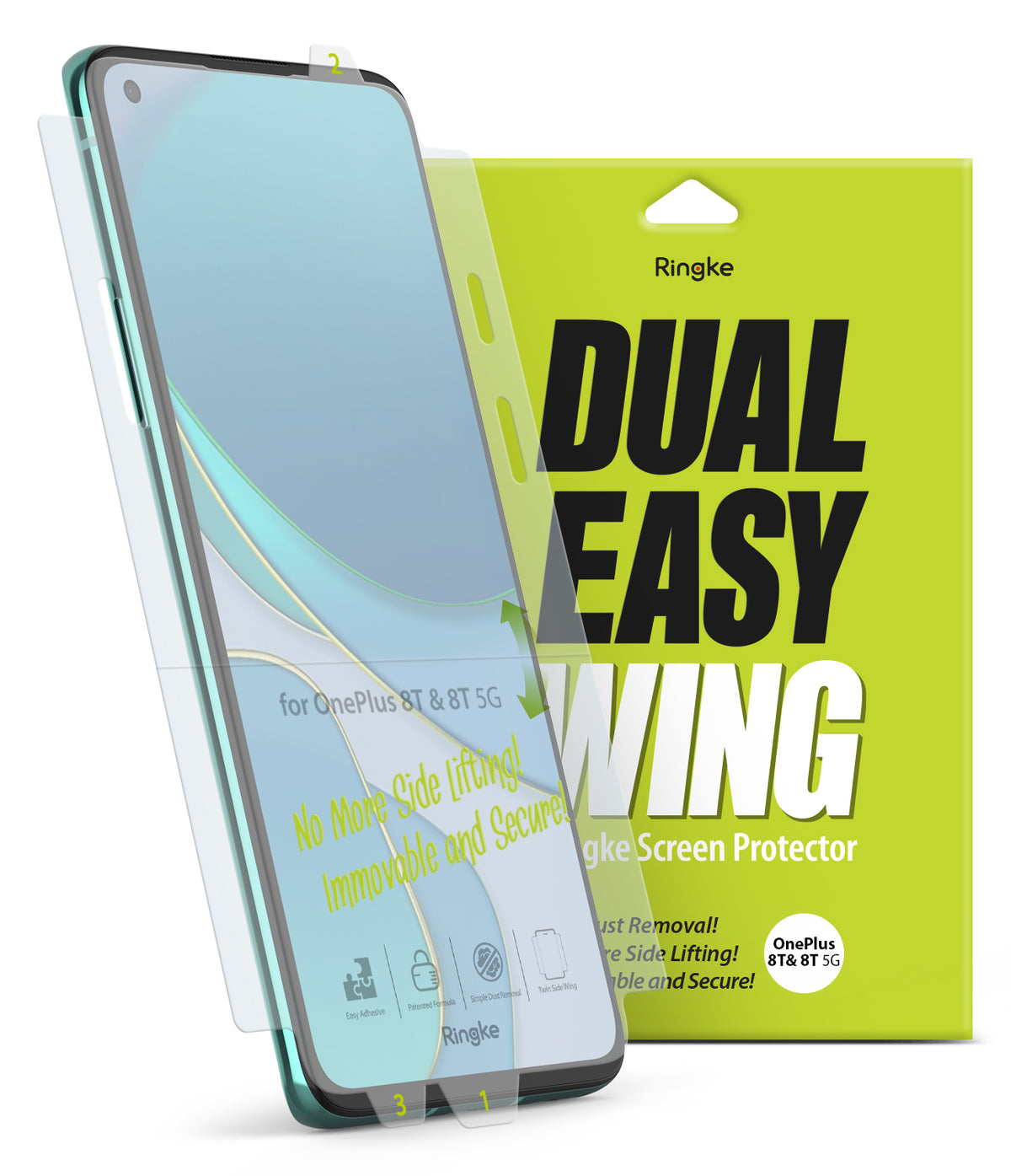 OnePlus 8T / 8T Plus 5G Screen Protector | Dual Easy Film - OnePlus 8T / 8T Plus 5G Screen Protector - A smartphone with a clear screen protector film next to its lime green packaging.