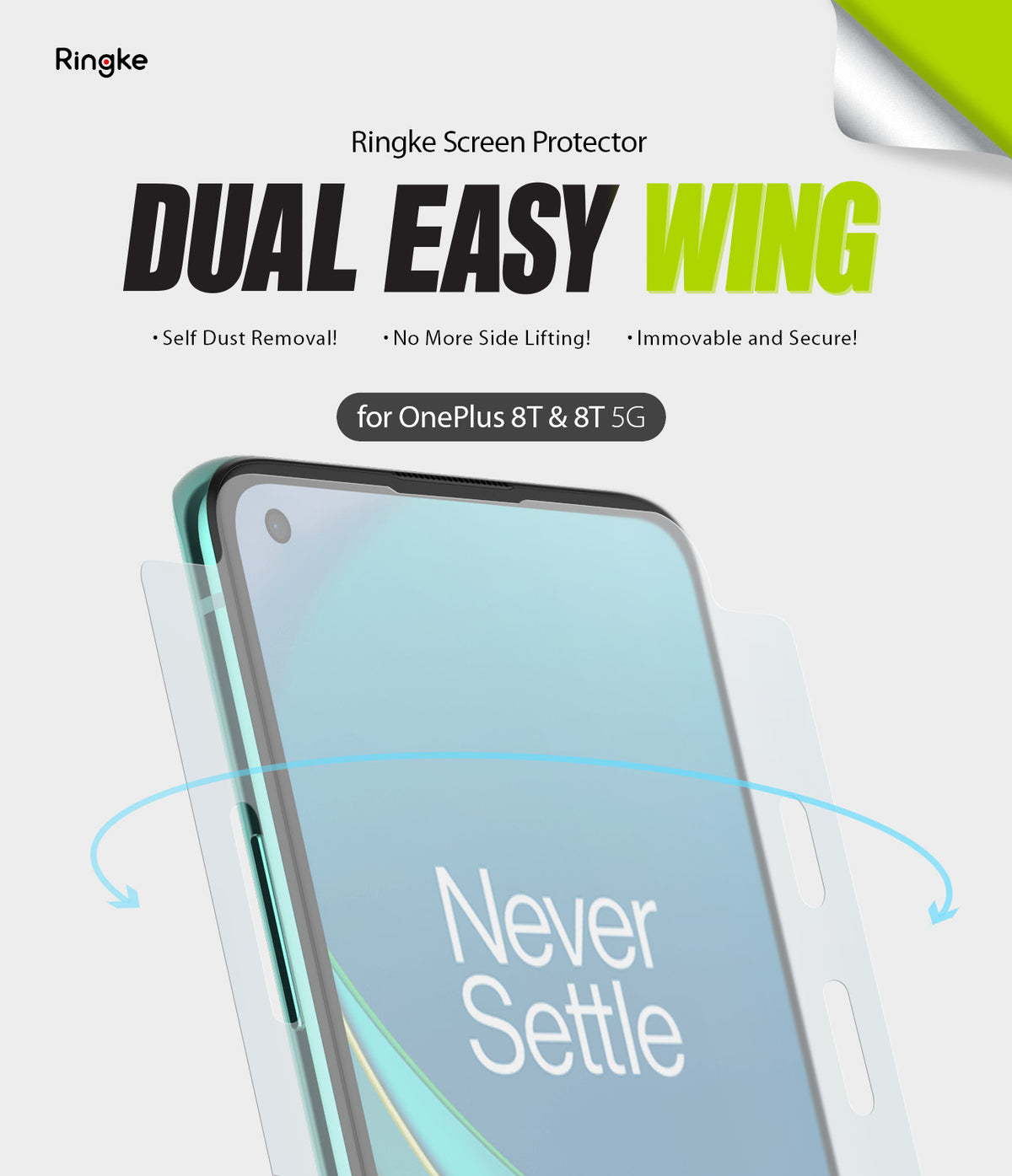 OnePlus 8T / 8T Plus 5G Screen Protector | Dual Easy Film - OnePlus 8T / 8T Plus 5G Screen Protector - Ringke Dual Easy Wing screen protector applied to a OnePlus 8T smartphone.