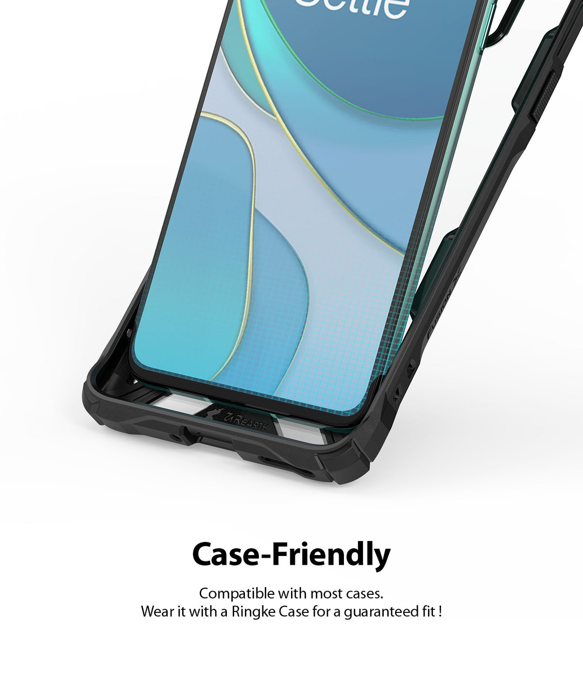 OnePlus 8T / 8T Plus 5G Screen Protector | Dual Easy Film - OnePlus 8T / 8T Plus 5G Screen Protector - A smartphone with a screen protector installed inside a black protective case.