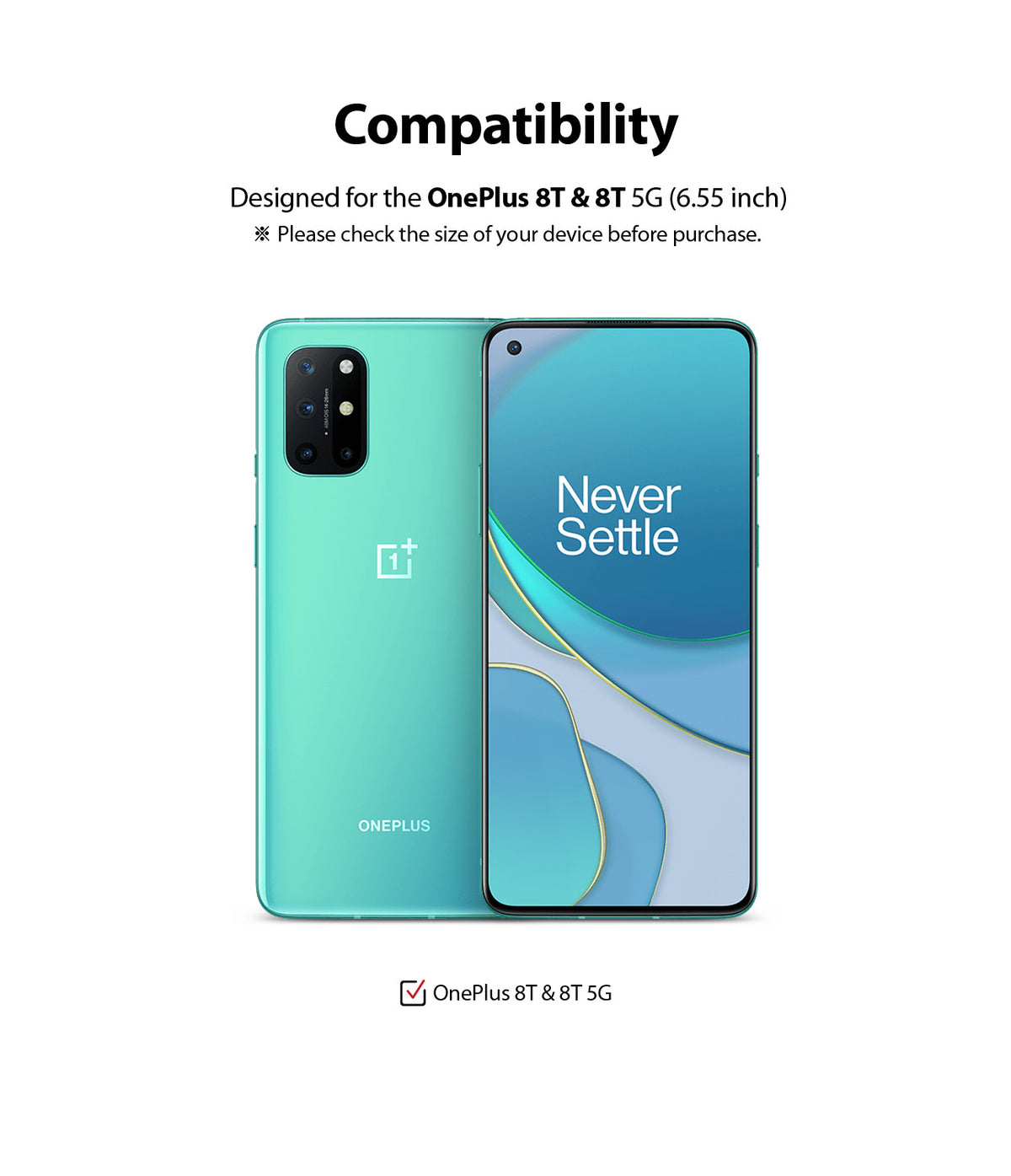 OnePlus 8T / 8T Plus 5G Screen Protector | Dual Easy Film - OnePlus 8T / 8T Plus 5G Screen Protector - Teal OnePlus 8T phone showing front and back views with compatibility text.