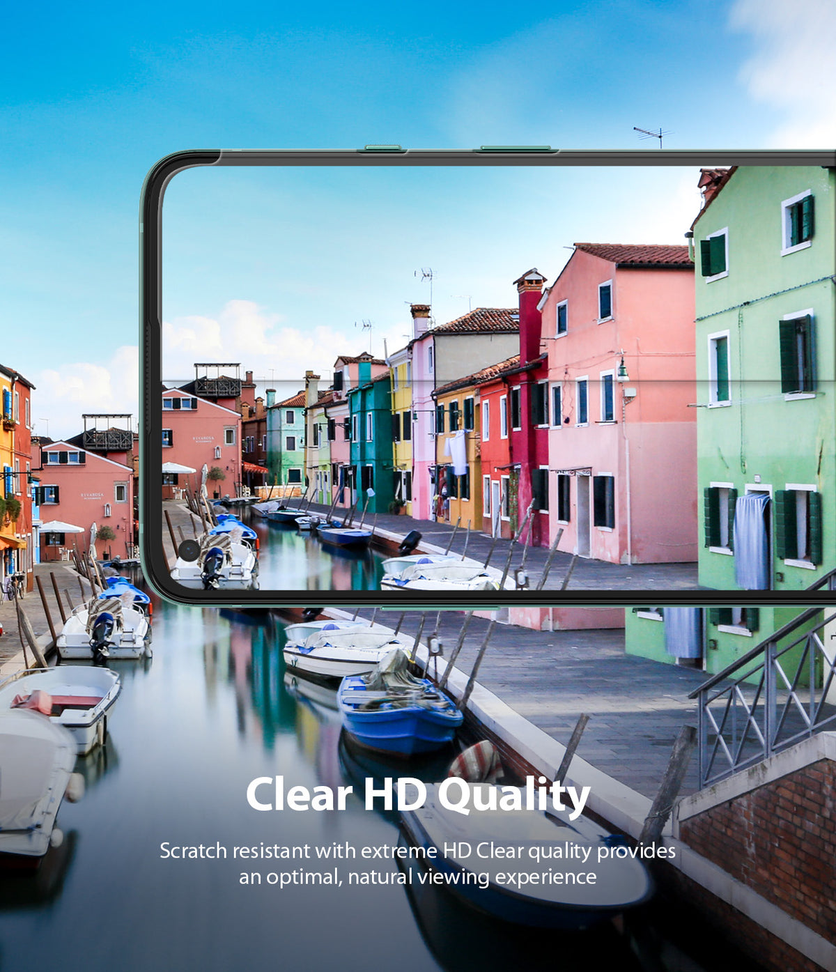 OnePlus 8T / 8T Plus 5G Screen Protector | Dual Easy Film - OnePlus 8T / 8T Plus 5G Screen Protector - A smartphone displaying a vibrant canal scene with colorful buildings.