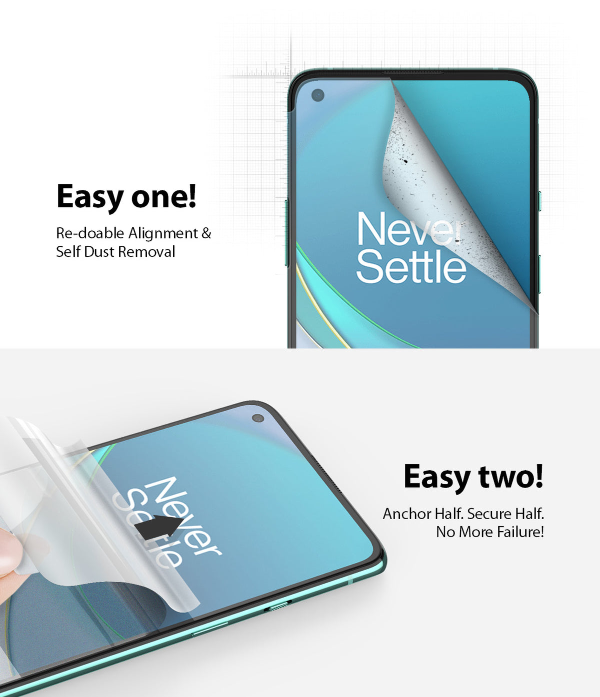 OnePlus 8T / 8T Plus 5G Screen Protector | Dual Easy Film - OnePlus 8T / 8T Plus 5G Screen Protector - Two-step installation guide showing a screen film being applied to a phone.