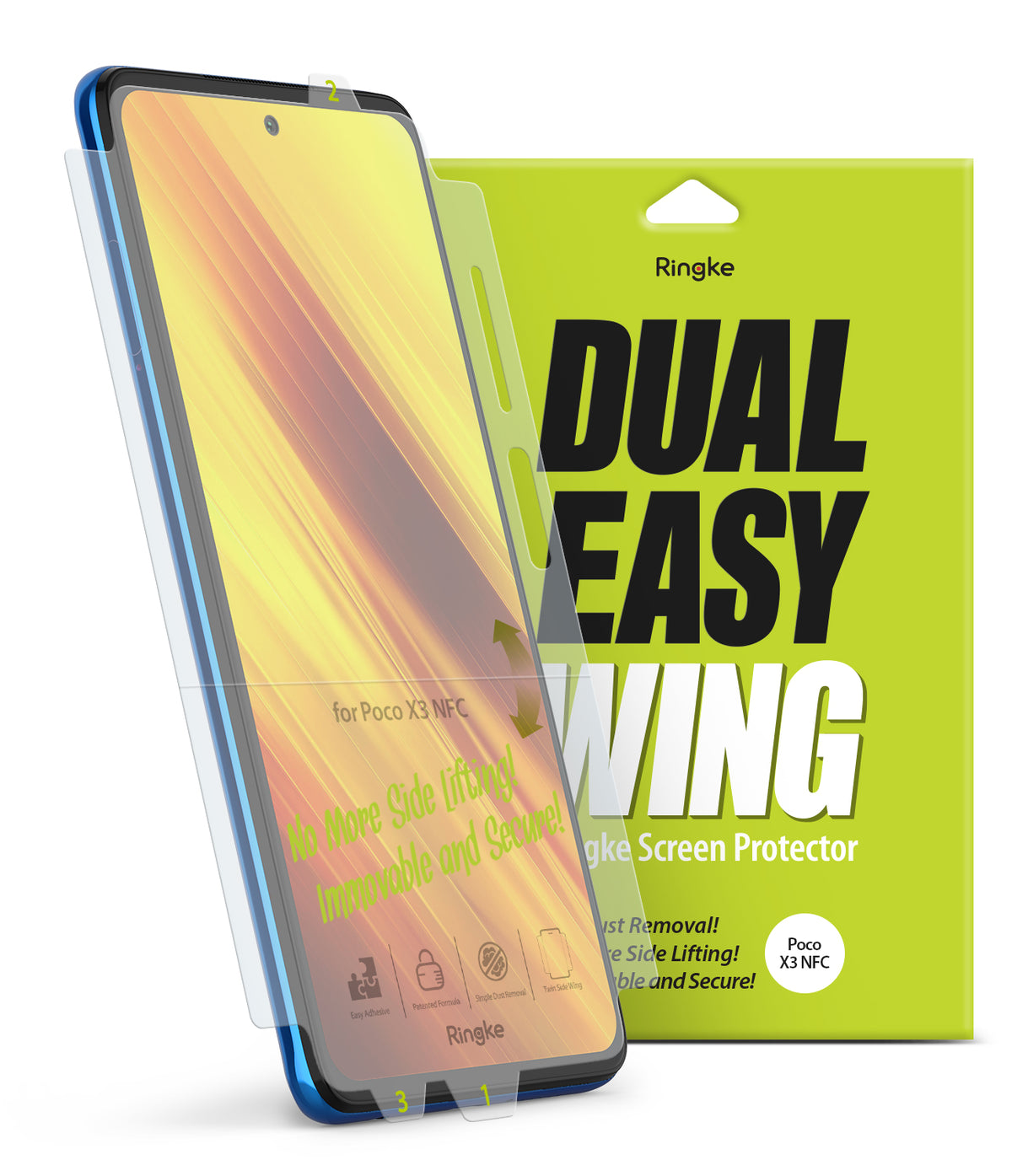 Poco X3 NFC Screen Protector | Dual Easy Film - Poco X3 NFC Screen Protector - A smartphone with a clear screen protector film being applied next to its green packaging.