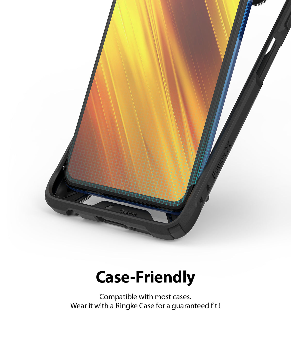 Poco X3 NFC Screen Protector | Dual Easy Film - Poco X3 NFC Screen Protector - Smartphone with screen protector installed inside a black protective phone case.