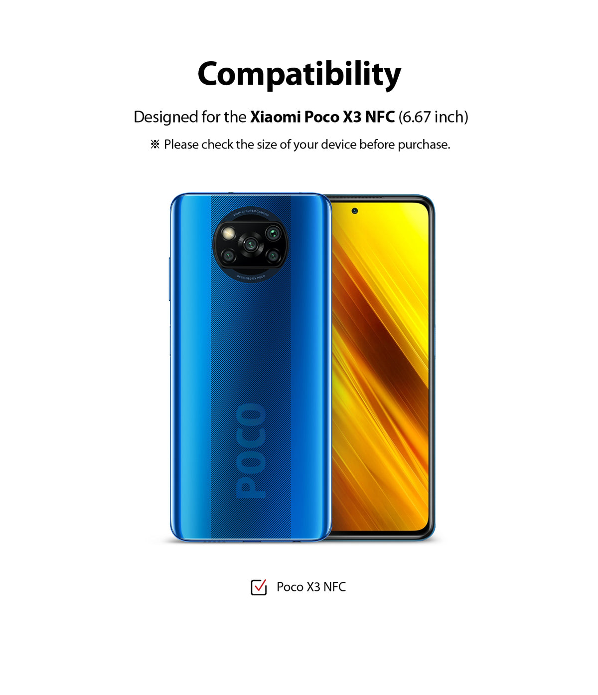Poco X3 NFC Screen Protector | Dual Easy Film - Poco X3 NFC Screen Protector - Compatibility graphic showing the back and front of a blue Xiaomi Poco X3 NFC smartphone.
