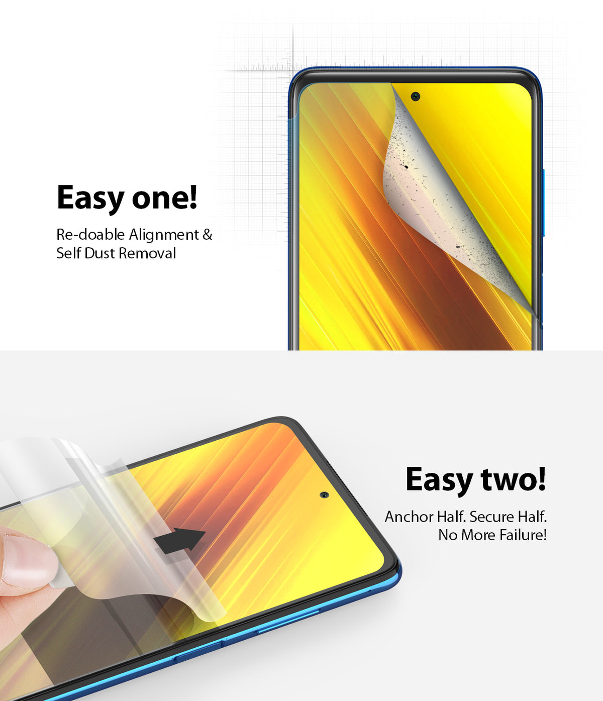 Poco X3 NFC Screen Protector | Dual Easy Film - Poco X3 NFC Screen Protector - Two-step installation guide showing a screen protector being applied to a smartphone.