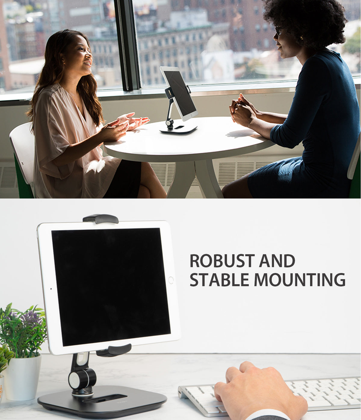 Iron Tablet Stand - Two women discuss at a table with a tablet stand, and a close-up shows the stand holding a tablet.