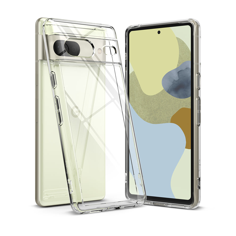 GIFT SET | Google Pixel 7 - A clear protective phone case shown next to a Google Pixel 7 smartphone with a light yellow back.