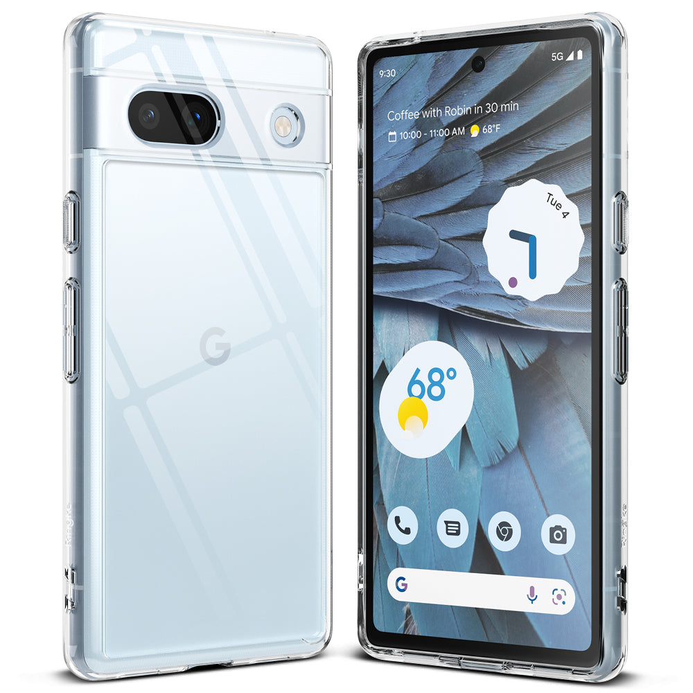 Google Pixel 7a Case | Fusion - Clear - Front and back views of a clear phone case on a Google Pixel 7a smartphone.