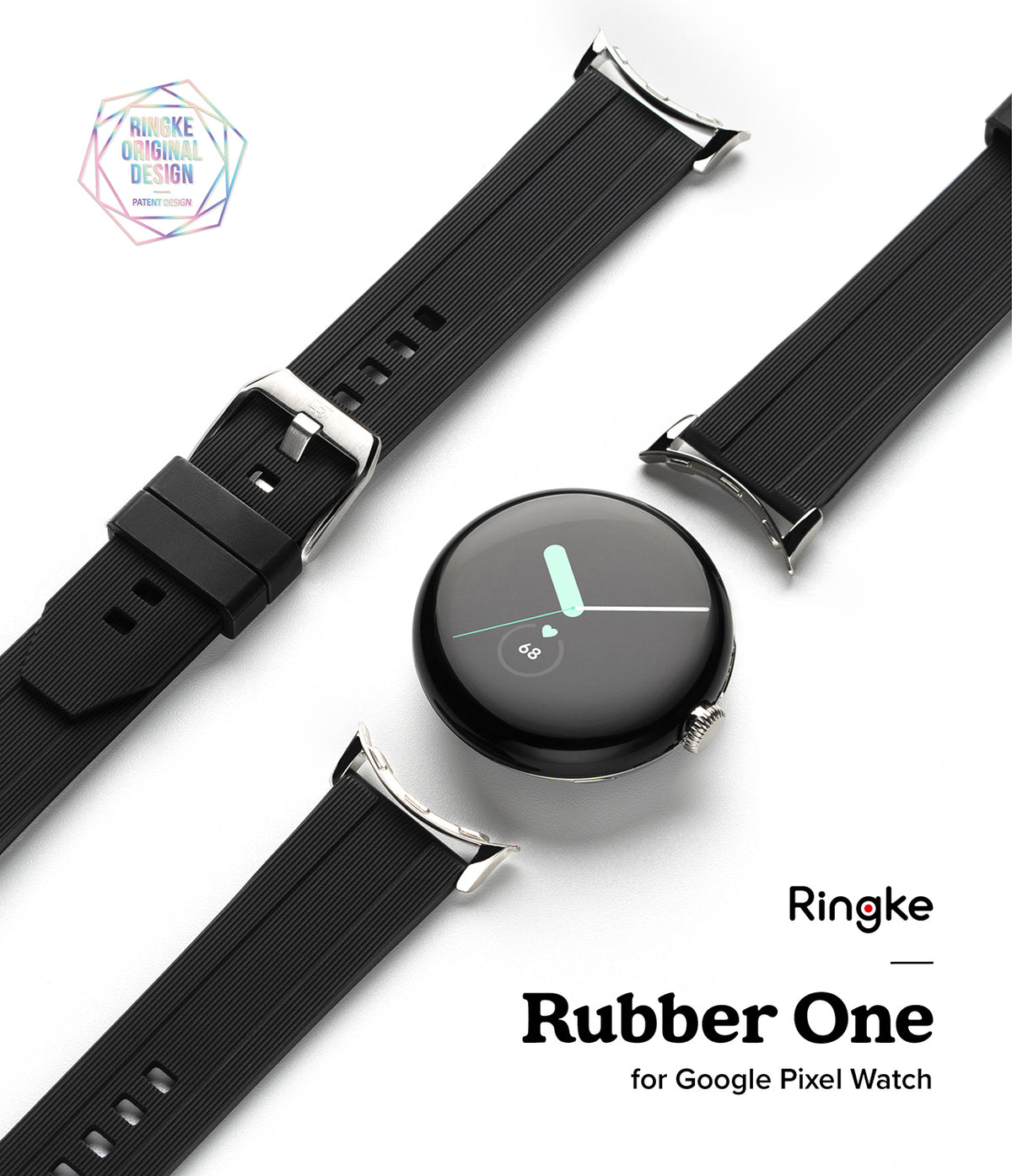 Google Pixel Watch | Rubber One Band - Black ribbed rubber watch band with silver buckle and connectors for Google Pixel Watch.