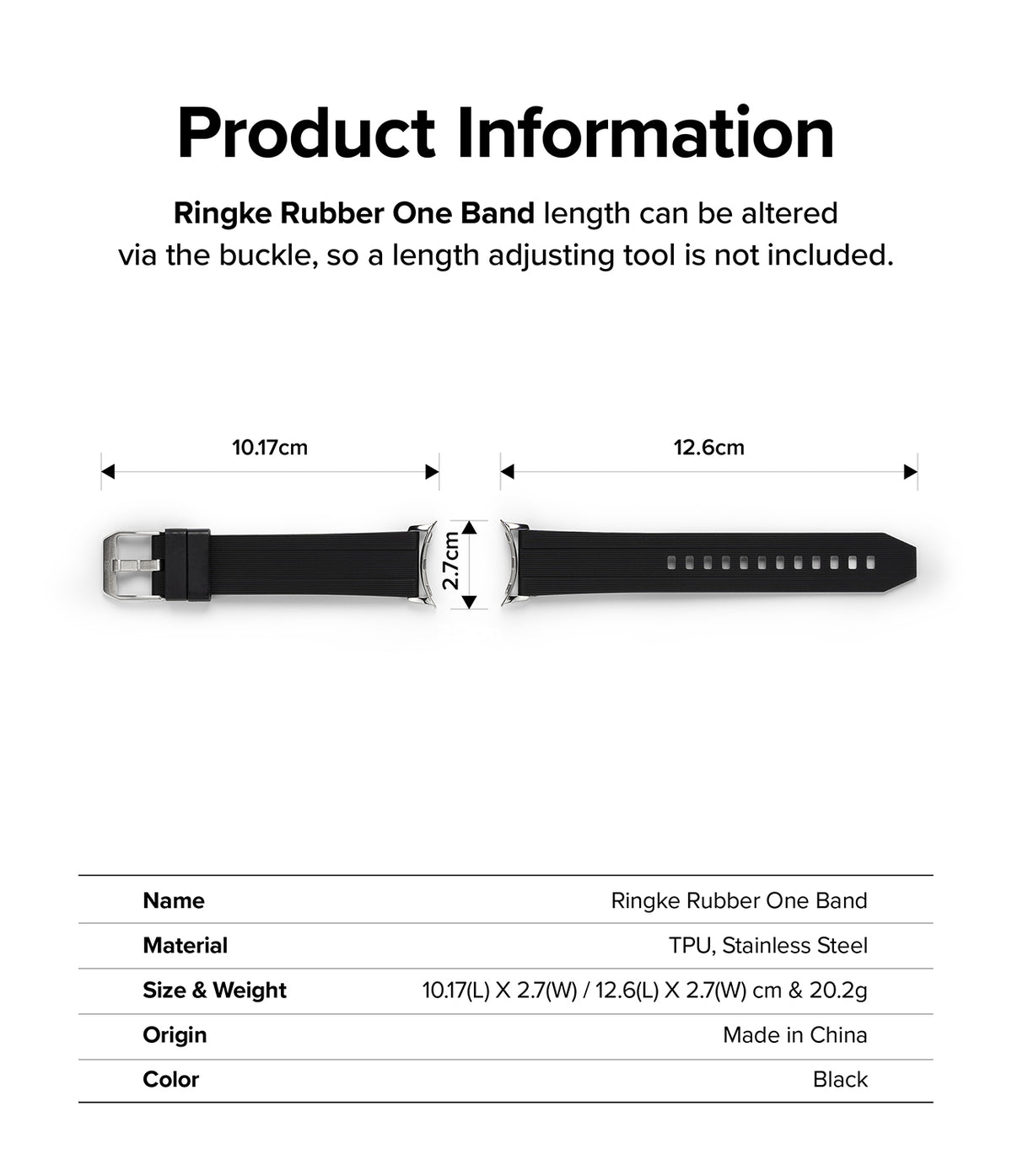 Google Pixel Watch | Rubber One Band - Technical diagram showing dimensions and specifications of a black watch strap.