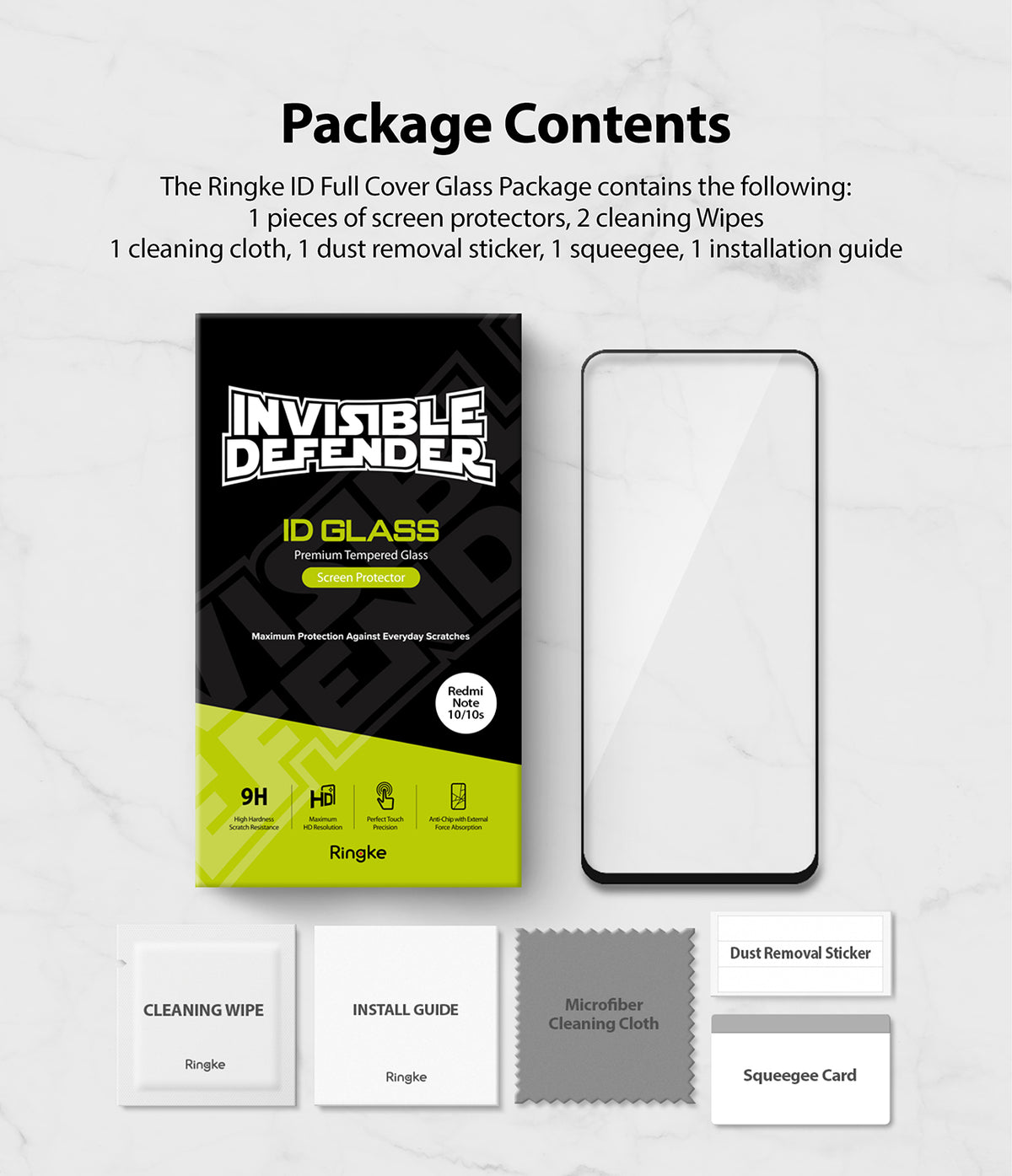 Redmi Note 10 / 10s Screen Protector | Invisible Defender - Package contents including glass protector, wipes, and tools.