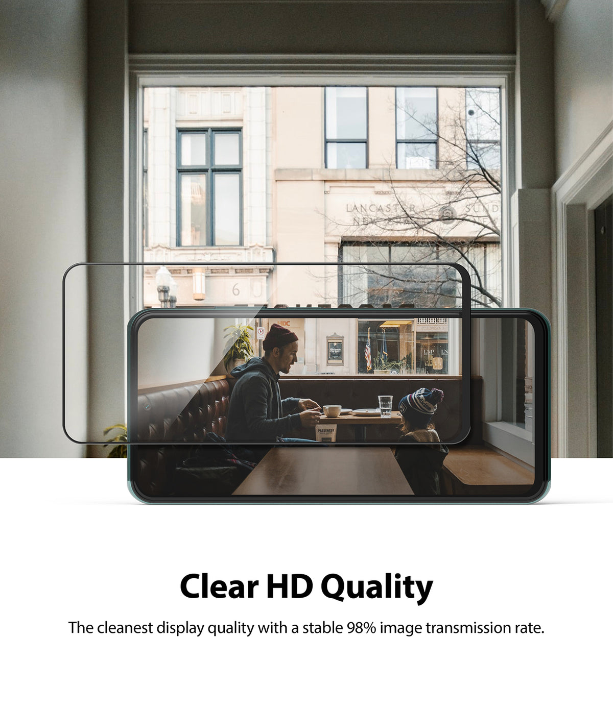 Redmi Note 10 / 10s Screen Protector | Invisible Defender - Redmi Note 10 / 10s Screen Protector - Transparent glass screen protector floating above a smartphone displaying a cafe scene.