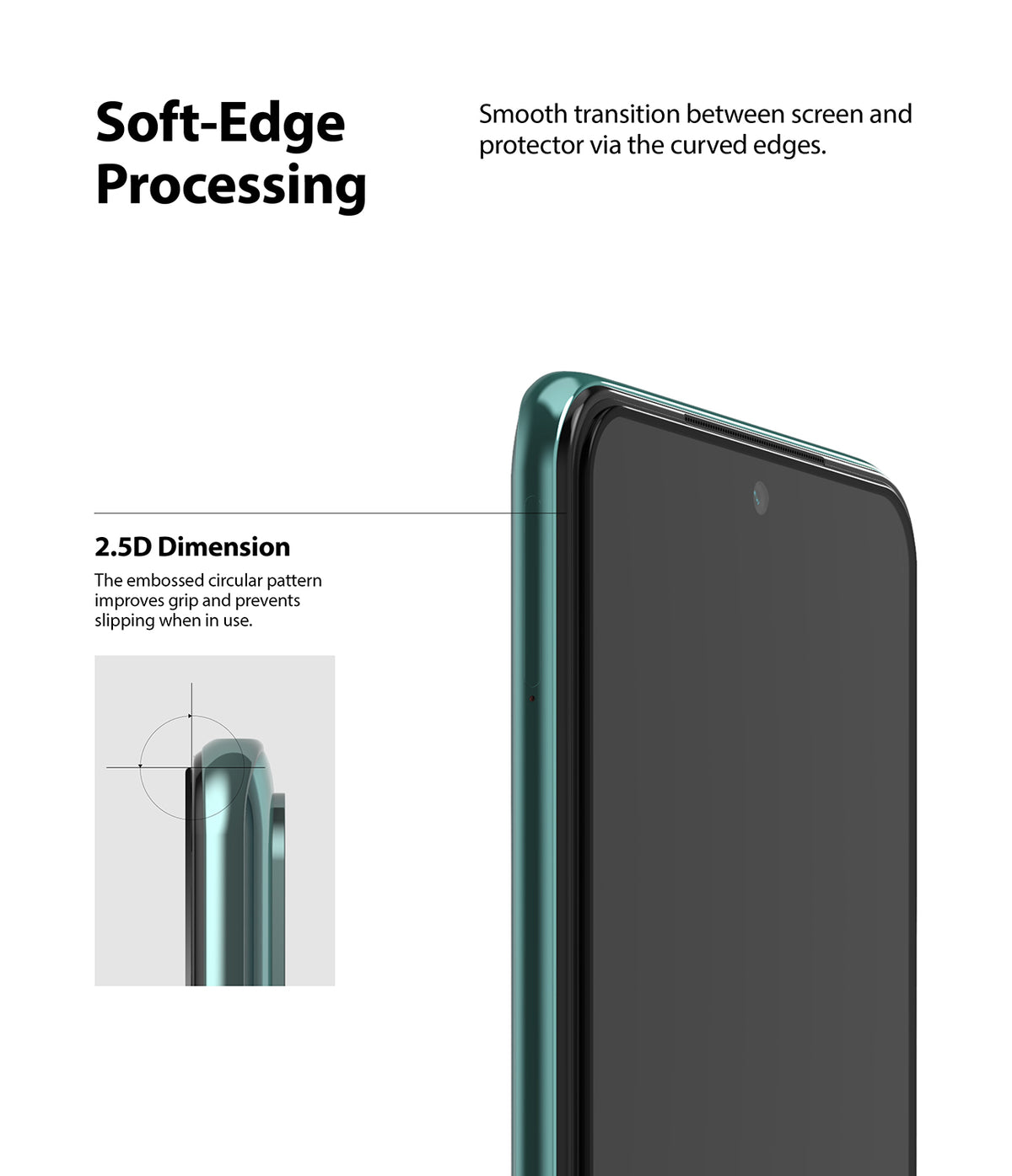 Redmi Note 10 / 10s Screen Protector | Invisible Defender - Redmi Note 10 / 10s Screen Protector - Close-up of a smartphone with a 2.5D curved-edge screen protector and text labels.