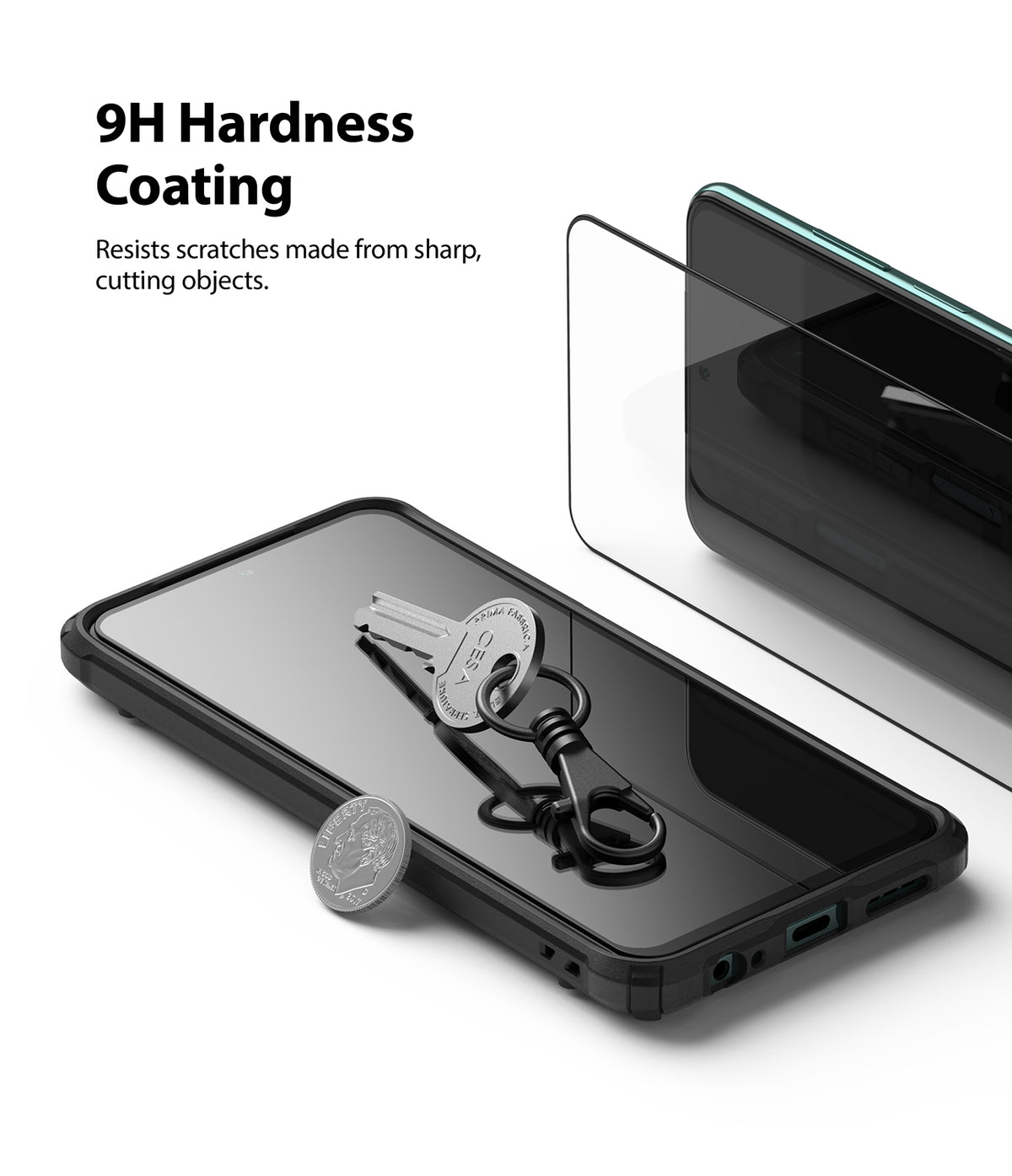 Redmi Note 10 / 10s Screen Protector | Invisible Defender - Redmi Note 10 / 10s Screen Protector - Smartphone with screen protector, a key, and a coin, demonstrating scratch resistance.