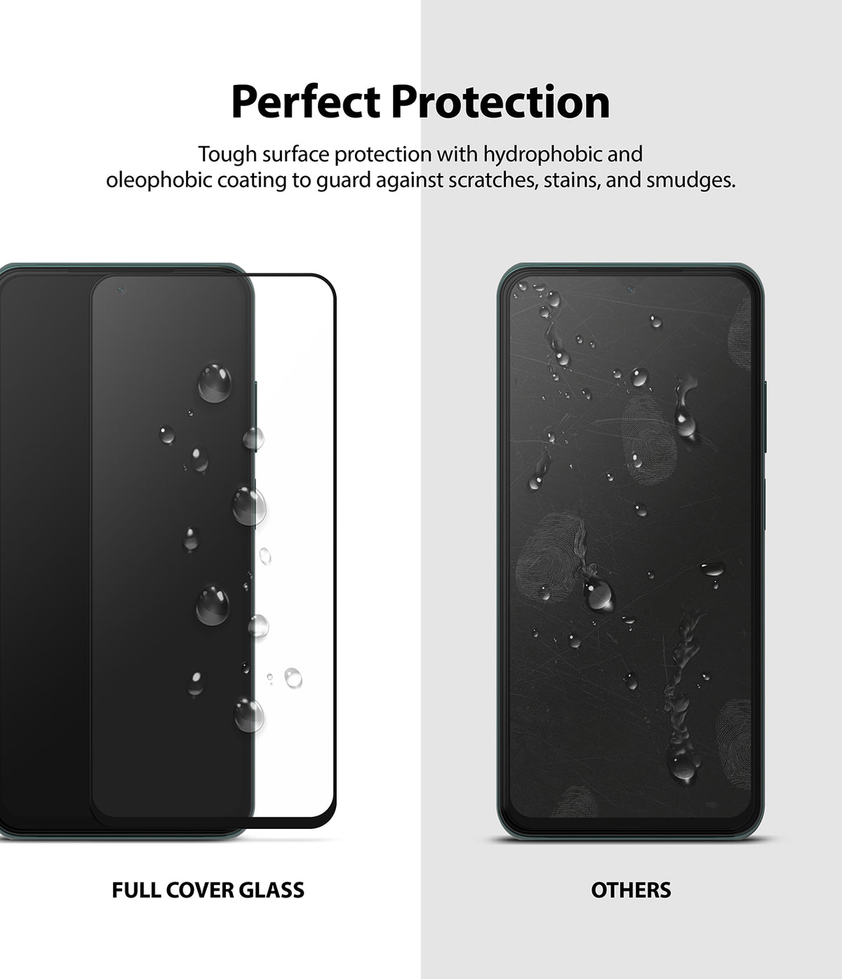 Redmi Note 10 / 10s Screen Protector | Invisible Defender - Redmi Note 10 / 10s Screen Protector - Comparison showing water beading on protective glass versus smudged, unprotected screen.