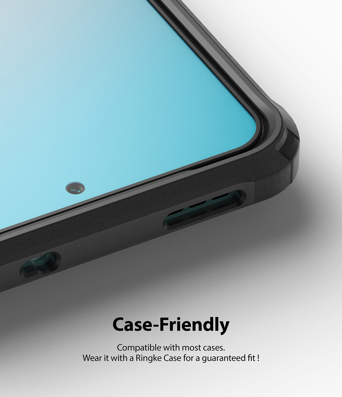 Redmi Note 10 / 10s Screen Protector | Invisible Defender - Redmi Note 10 / 10s Screen Protector - Close-up of a smartphone corner with a protective case and screen protector.