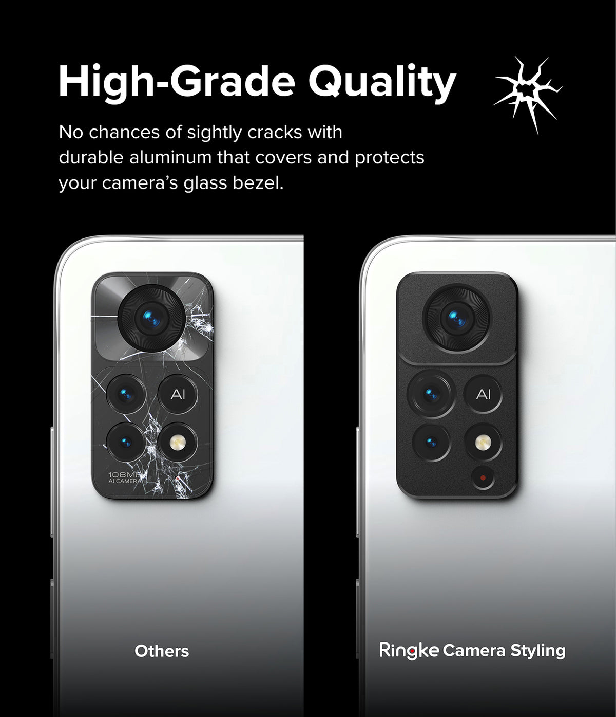 Redmi Note 11 Pro / 11 Pro 5G | Camera Styling - Comparison of a cracked phone camera lens versus one protected by an aluminum cover.