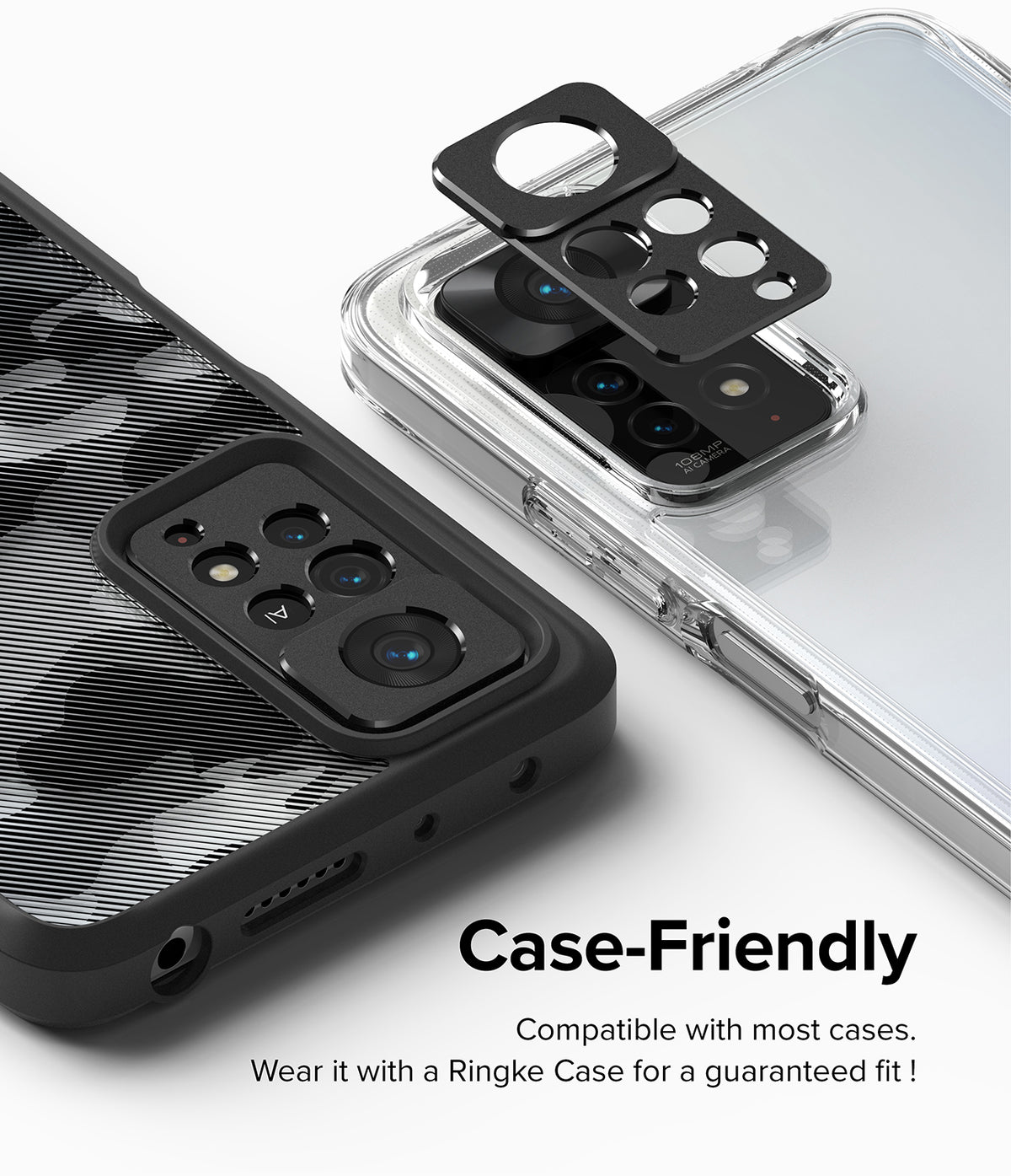 Redmi Note 11 Pro / 11 Pro 5G | Camera Styling - Black adhesive camera lens protector being applied to a smartphone.
