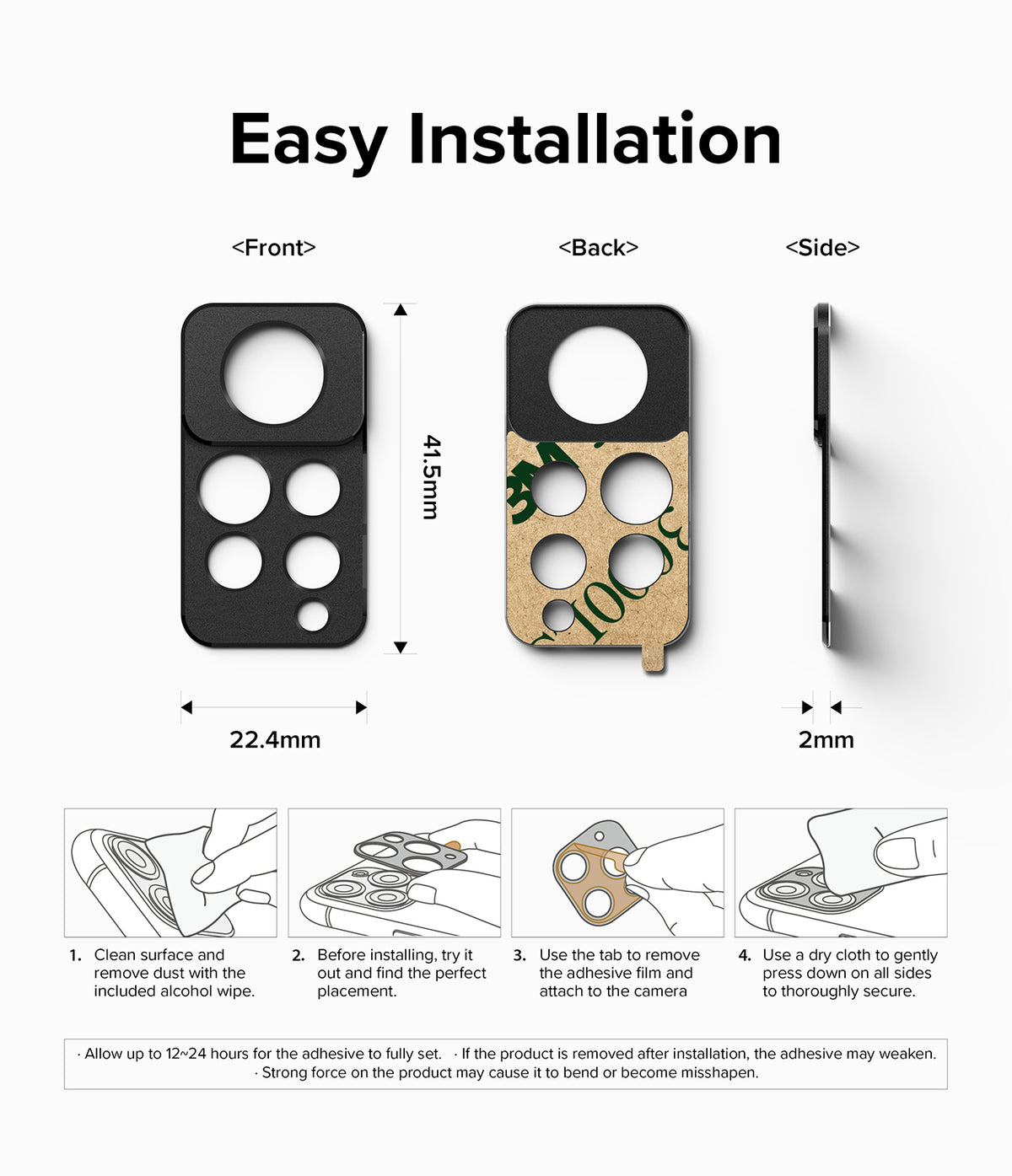 Redmi Note 11 Pro / 11 Pro 5G | Camera Styling - Installation guide showing dimensions and four steps for applying the camera cover.