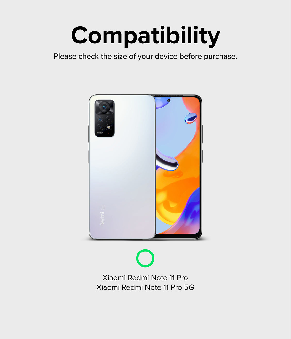 Redmi Note 11 Pro / 11 Pro 5G | Camera Styling - Compatibility graphic showing front and back of a white smartphone.