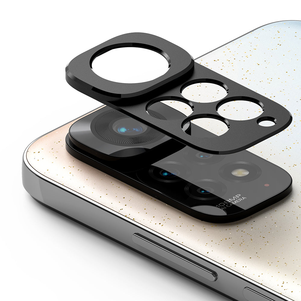 Redmi Note 11S | Camera Styling - A black protective camera lens cover hovering above the smartphone's rear camera module.