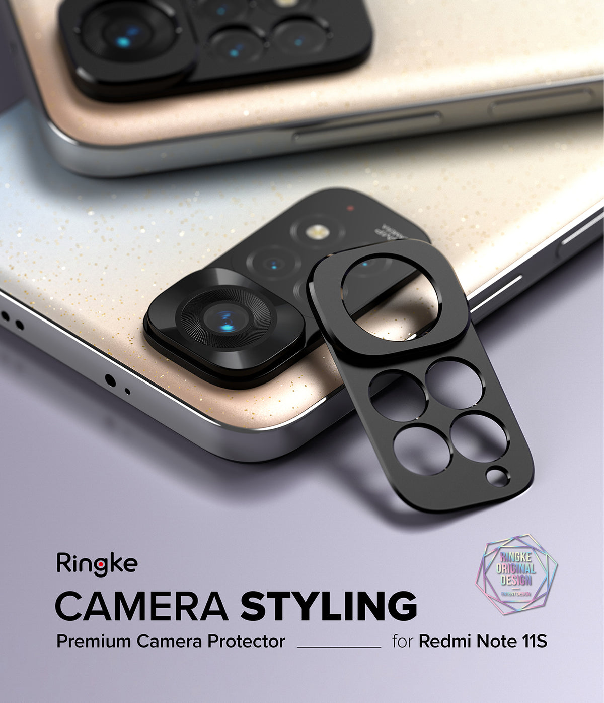 Redmi Note 11S | Camera Styling - Black metal camera lens protector frame being applied to a gold Redmi Note 11S smartphone.
