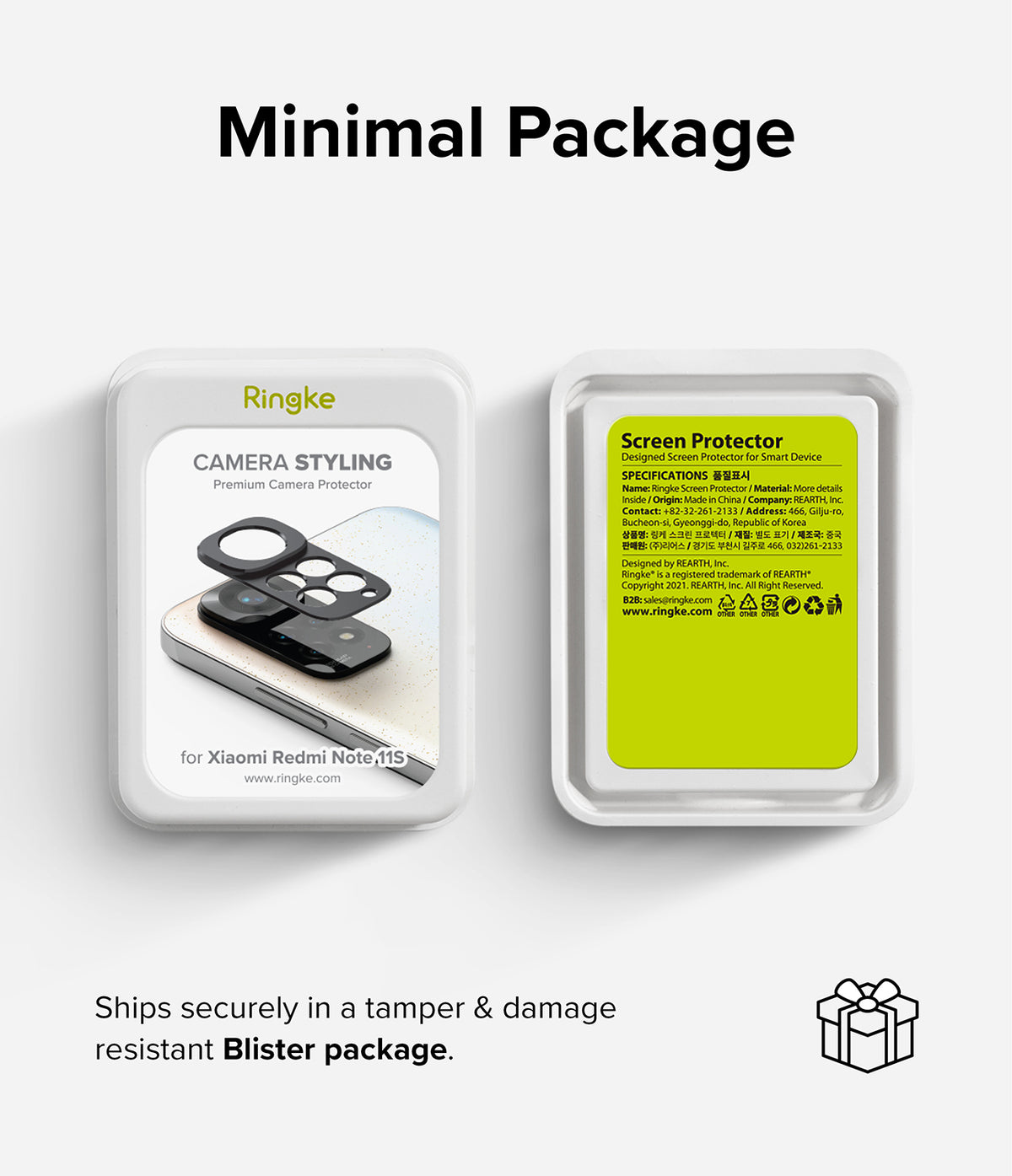 Redmi Note 11S | Camera Styling - Two white blister packages showing a black camera lens protector for a smartphone.