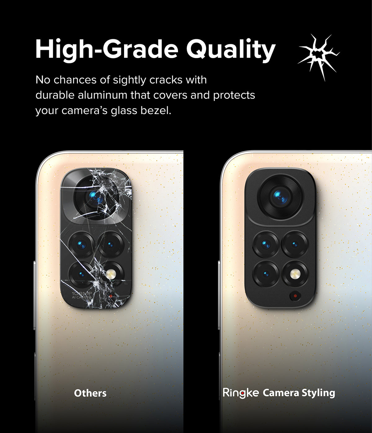 Redmi Note 11S | Camera Styling - Comparison showing a cracked phone camera lens versus a protected, intact lens.