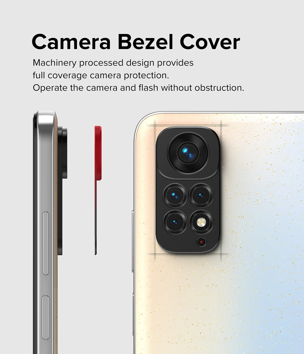 Redmi Note 11S | Camera Styling - A black protective bezel cover applied to the rear camera module of a smartphone.