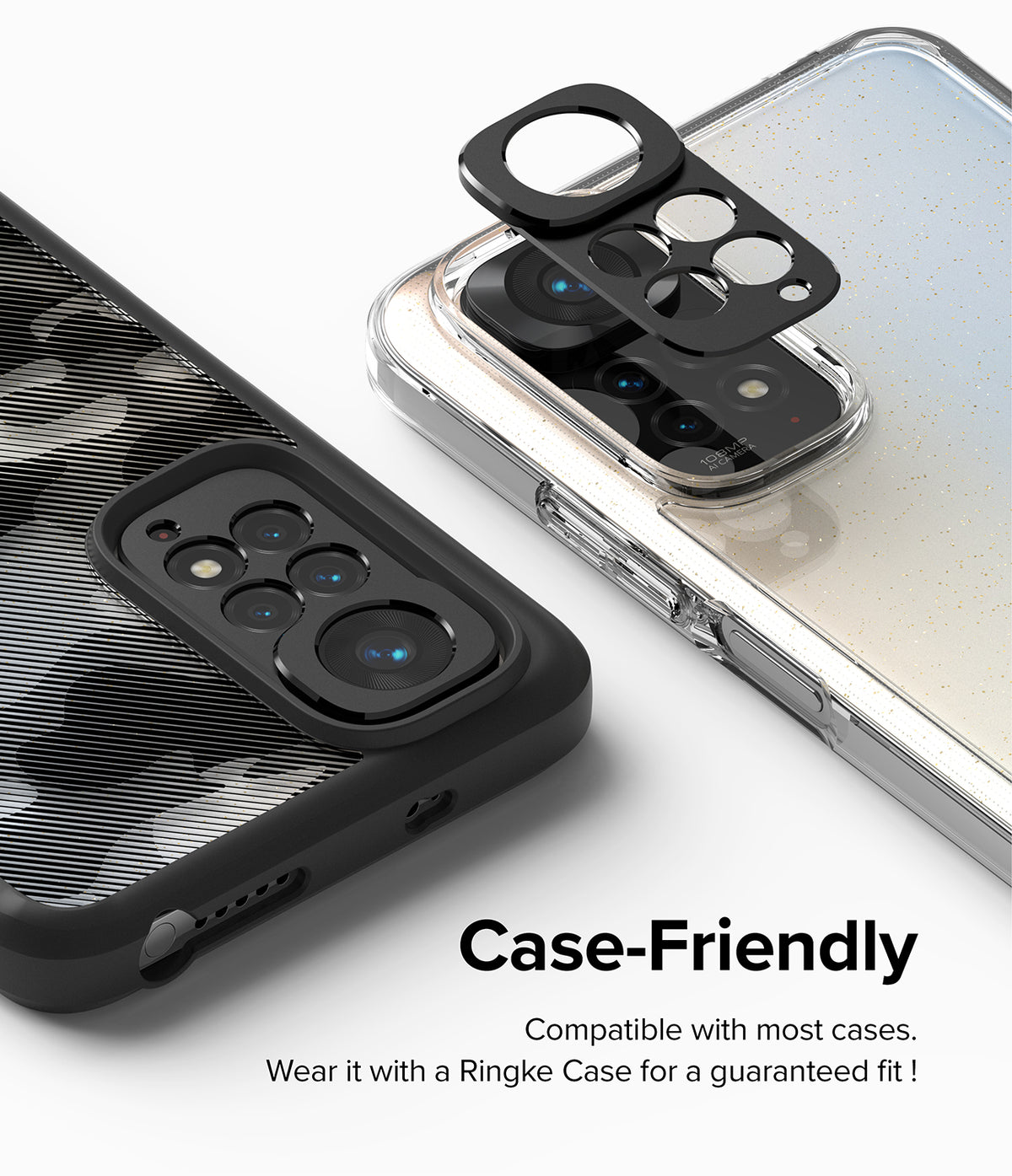 Redmi Note 11S | Camera Styling - Black camera lens protector being applied to a smartphone with a clear, glittery case.