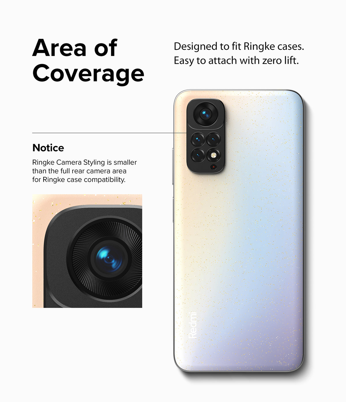 Redmi Note 11S | Camera Styling - Diagram showing camera cover fitment on a glittery smartphone back panel.