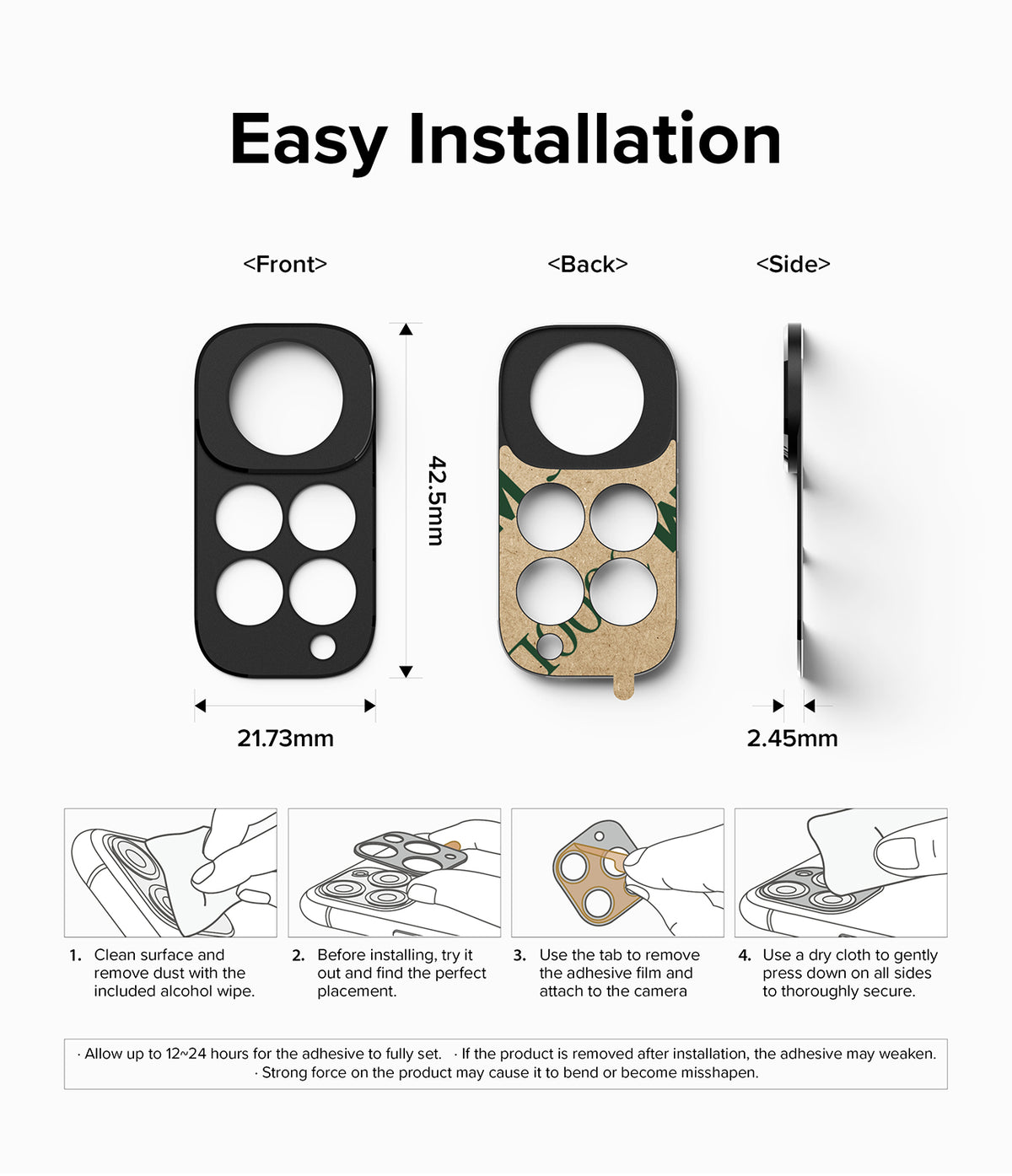 Redmi Note 11S | Camera Styling - Technical diagram showing dimensions and four-step installation guide for a camera lens protector.