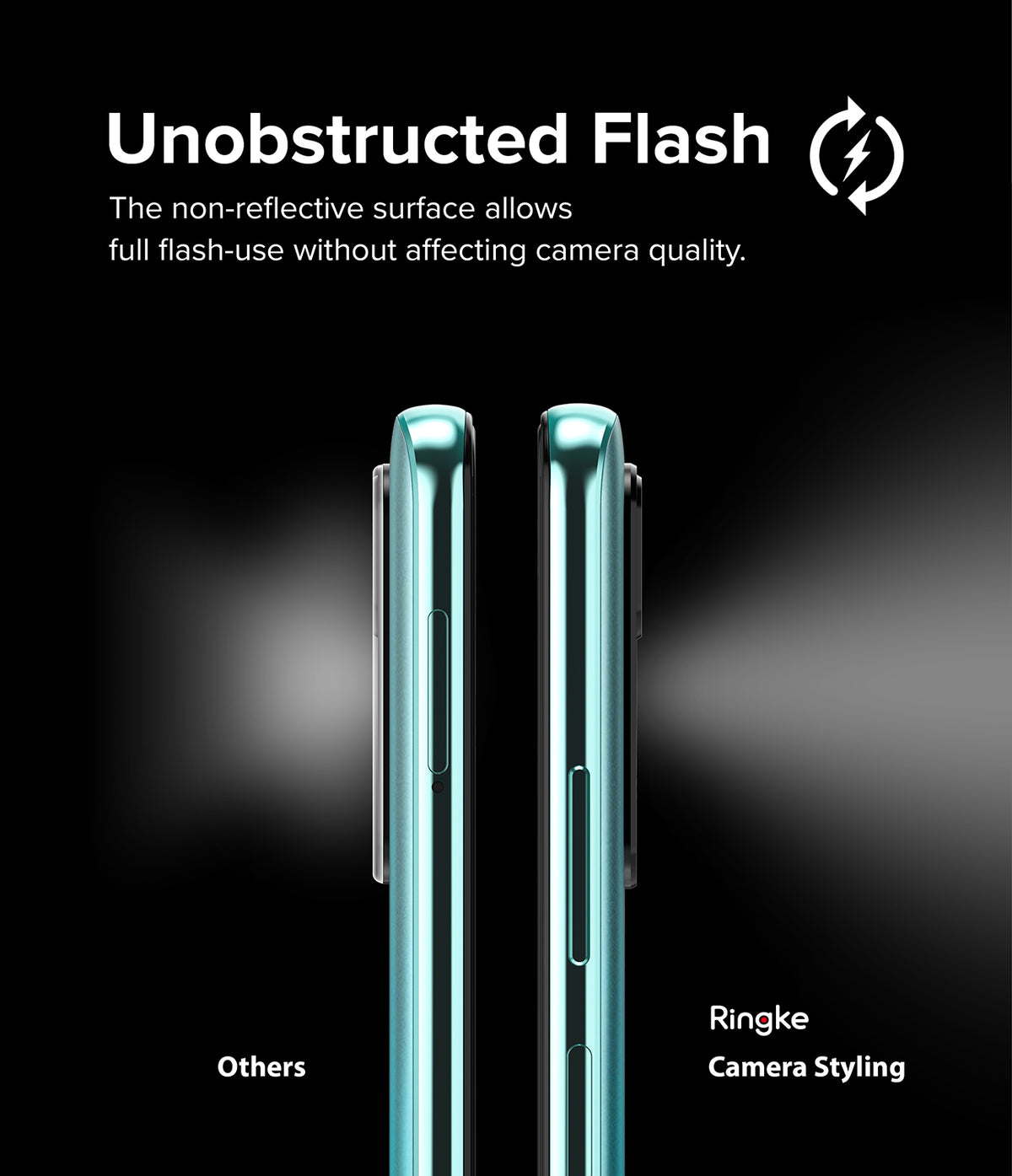 Redmi Note 11T 5G / Poco M4 Pro 5G | Camera Styling - Comparison showing clear flash light on Ringke styling vs blocked light on others.