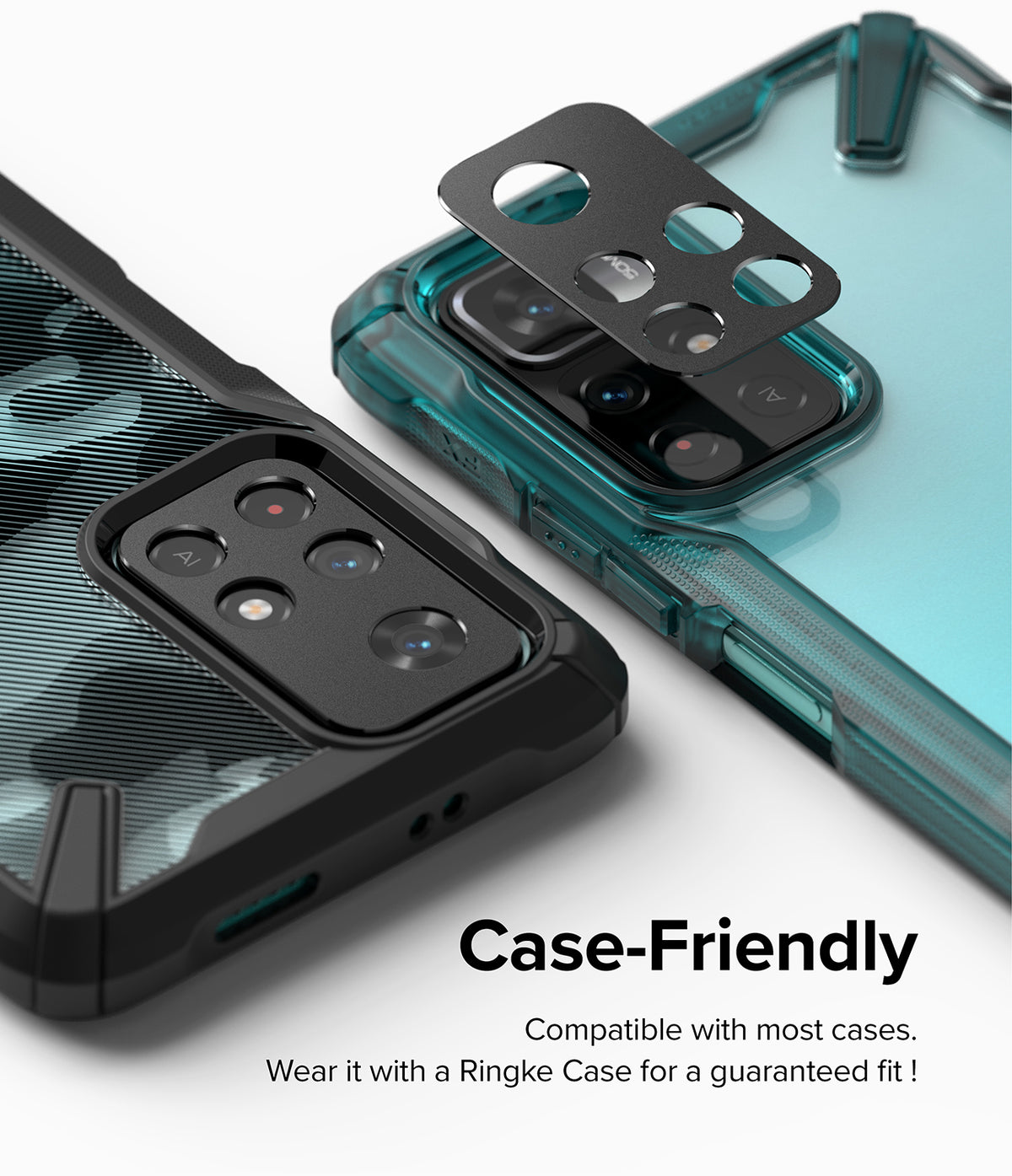 Redmi Note 11T 5G / Poco M4 Pro 5G | Camera Styling - Black metal camera lens cover being applied to a smartphone case.