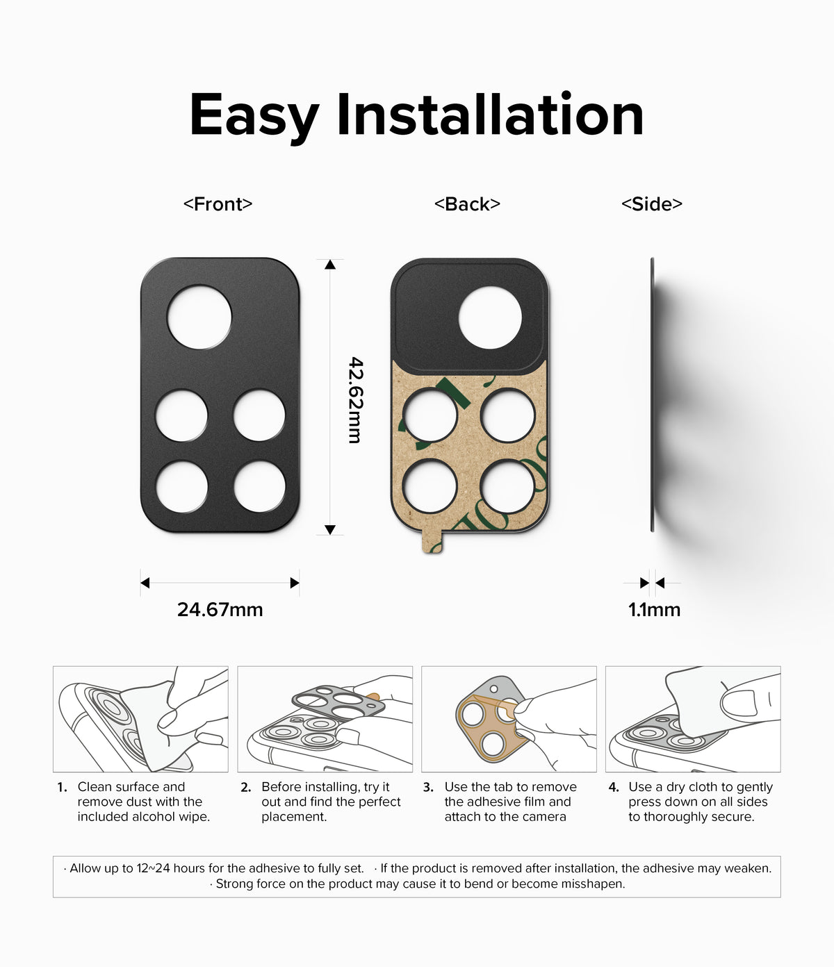 Redmi Note 11T 5G / Poco M4 Pro 5G | Camera Styling - Technical diagram showing dimensions and 4-step installation guide.