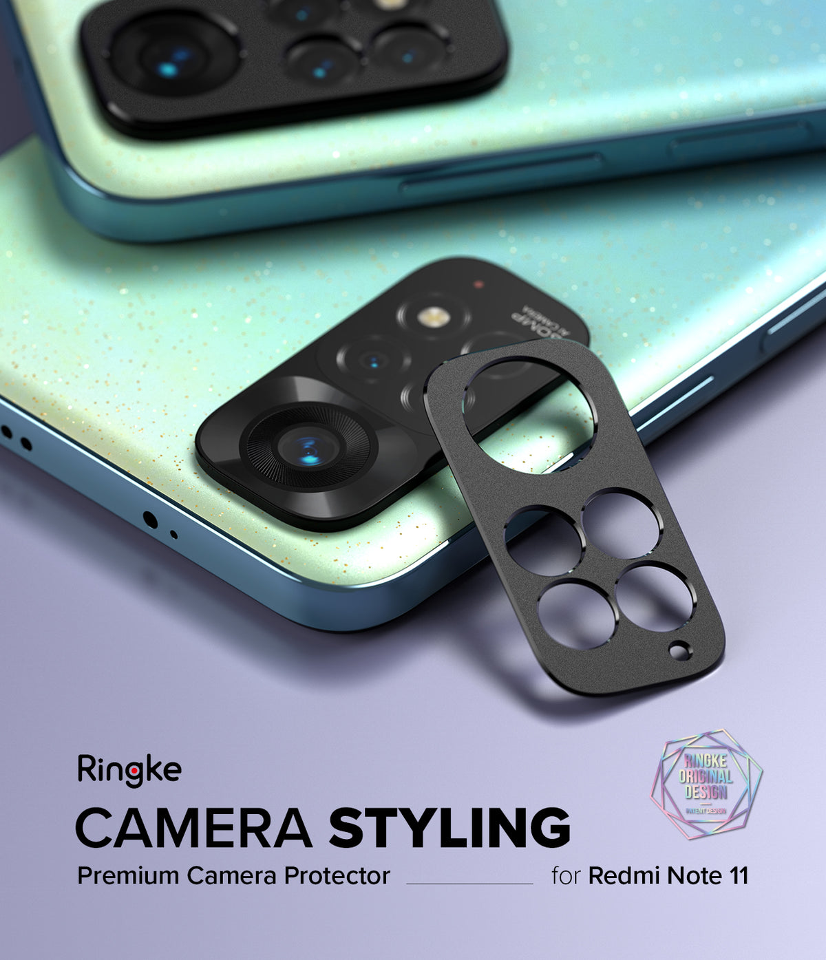 Redmi Note 11 | Camera Styling - Black metal camera lens protector frame being applied to a sparkly light blue smartphone.