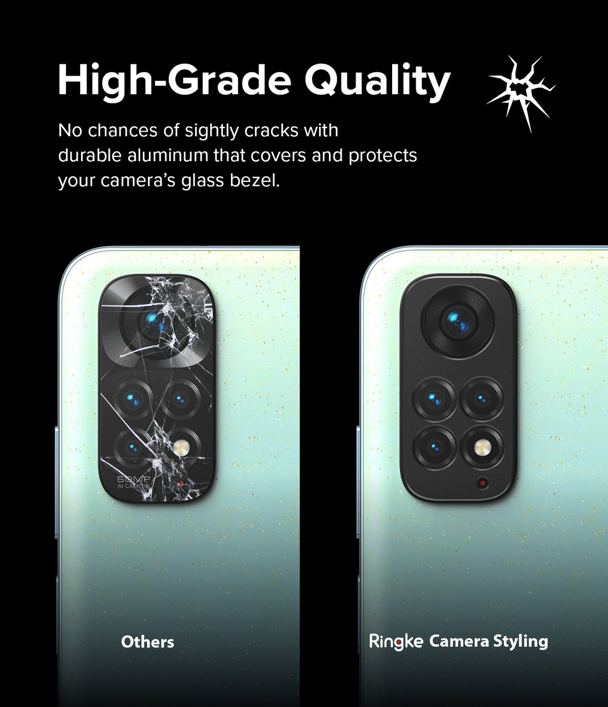 Redmi Note 11 | Camera Styling - Comparison of a cracked phone camera lens versus one protected by a Ringke aluminum cover.