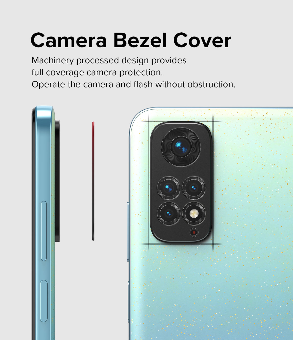 Redmi Note 11 | Camera Styling - A protective black camera bezel cover applied to the rear camera module of a light blue smartphone.