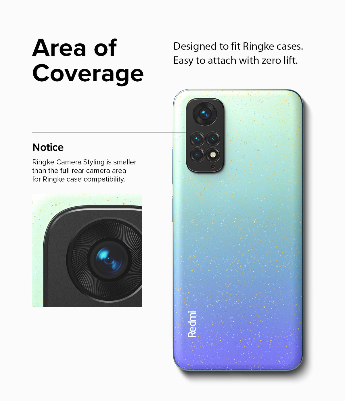 Redmi Note 11 | Camera Styling - A Redmi Note 11 phone with a glittery gradient back and a close-up of the camera lens cover.