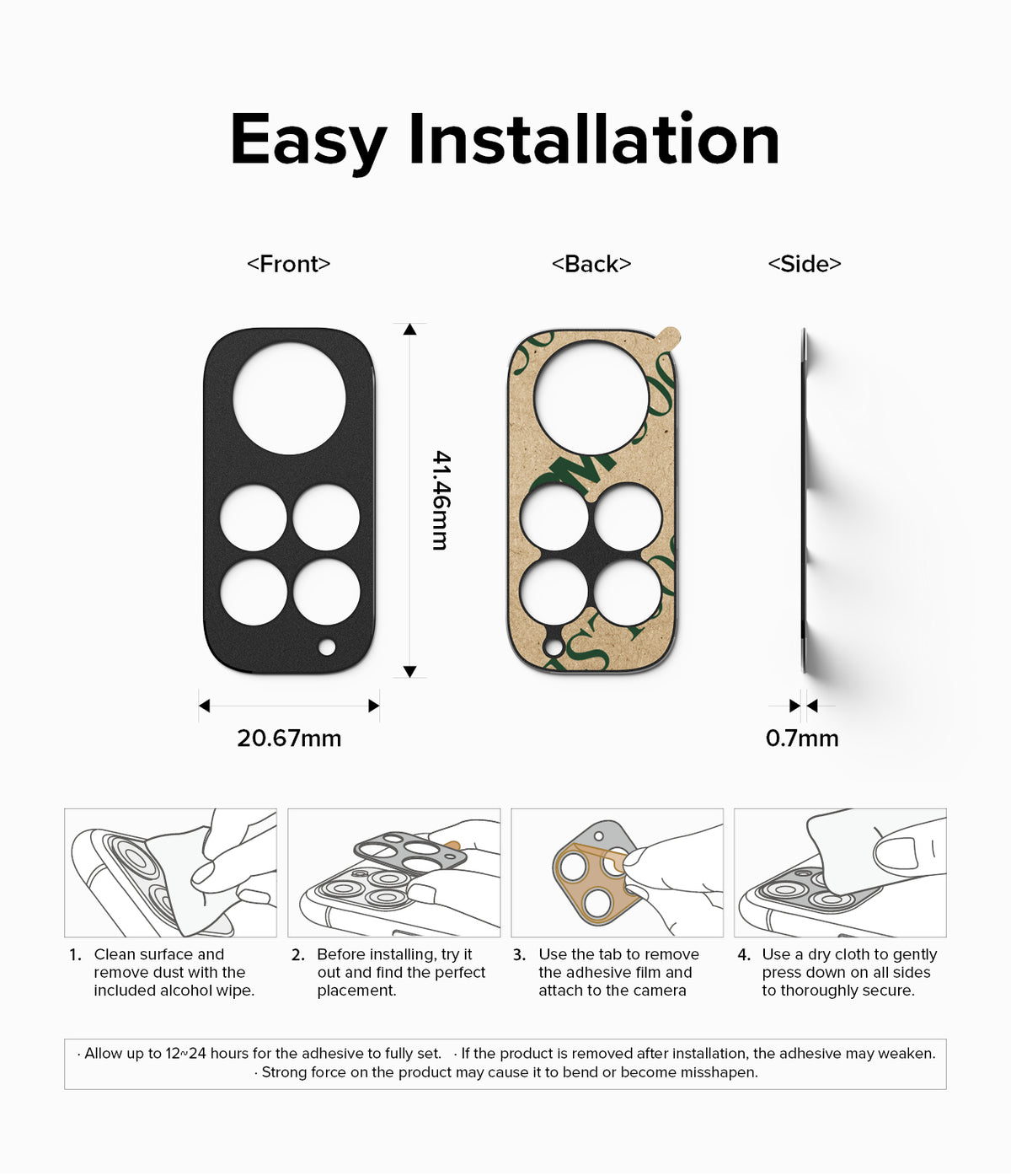 Redmi Note 11 | Camera Styling - Installation guide showing dimensions and four steps to apply the camera lens protector.