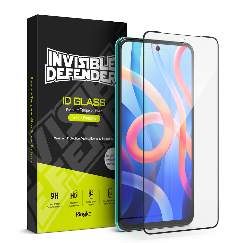 Redmi Note 11T 5G / Poco M4 Pro 5G Screen Protector | Invisible Defender - Redmi Note 11T 5G / Poco M4 Pro 5G Screen Protector - Invisible Defender tempered glass next to its black product box.