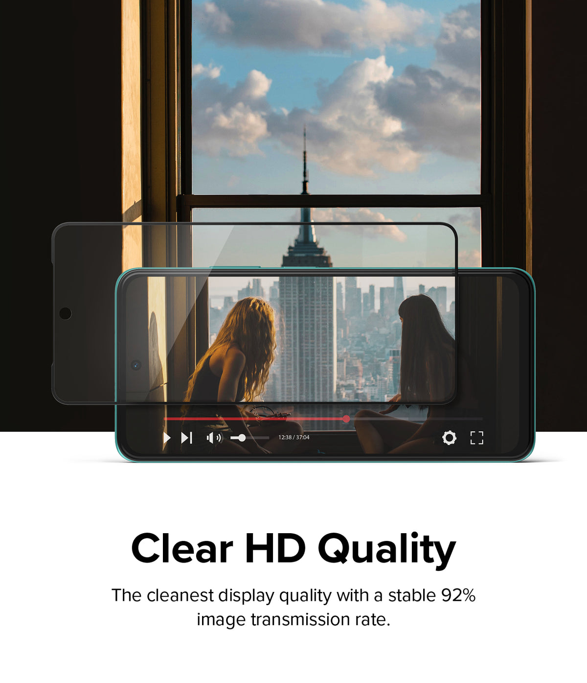 Redmi Note 11T 5G / Poco M4 Pro 5G Screen Protector | Invisible Defender - Redmi Note 11T 5G / Poco M4 Pro 5G Screen Protector - Transparent glass overlaying a phone screen showing a city view.