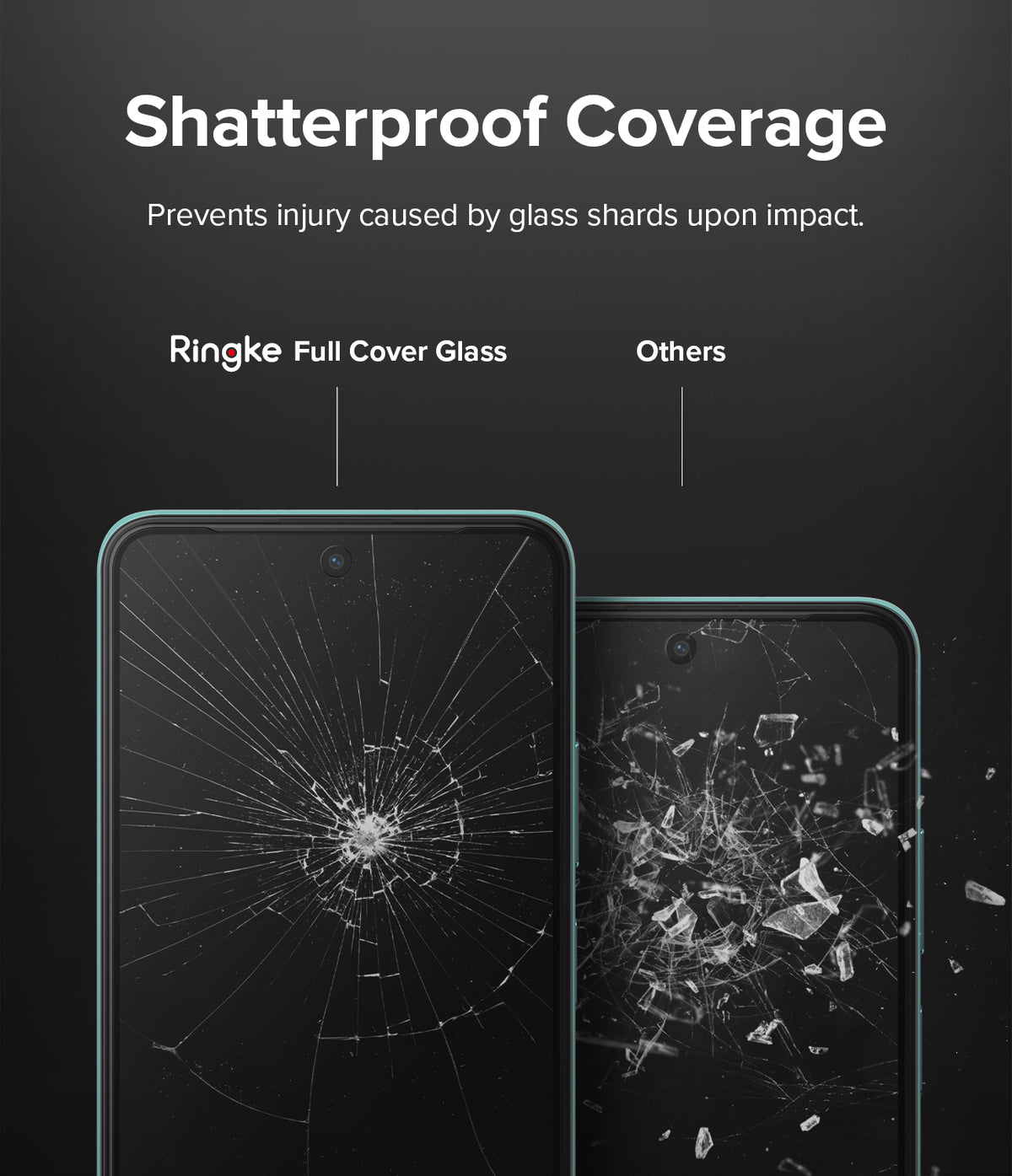 Redmi Note 11T 5G / Poco M4 Pro 5G Screen Protector | Invisible Defender - Redmi Note 11T 5G / Poco M4 Pro 5G Screen Protector - Comparison showing shattered Ringke glass held together vs. loose shards.