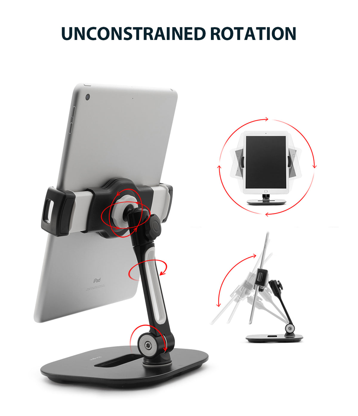 Iron Tablet Stand - Adjustable stand holding a tablet with red arrows indicating 360-degree rotation and tilt capabilities.