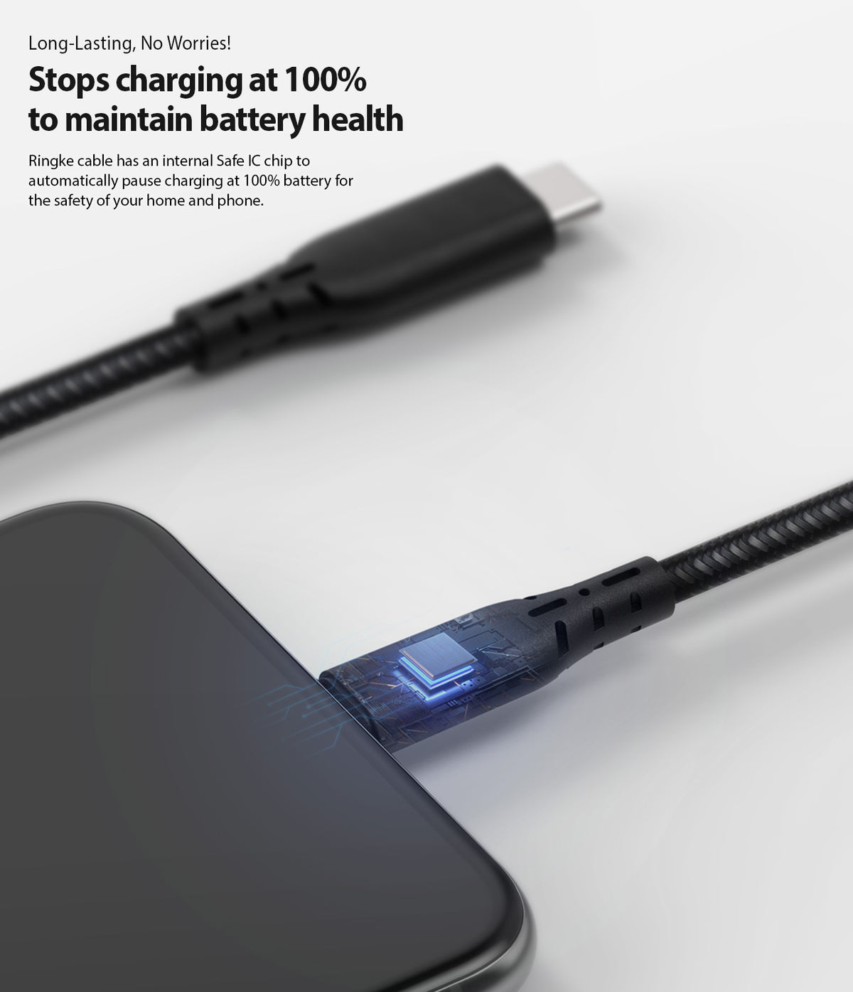 USB Type C to Lightning Cable - Braided cable plugged into a phone with a glowing internal chip graphic for battery safety.