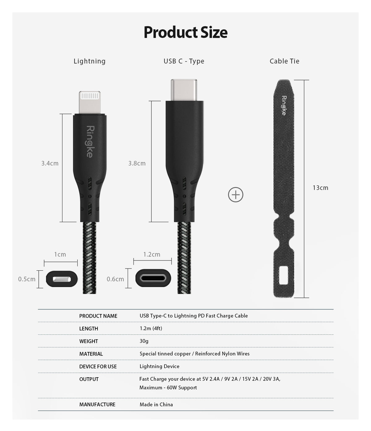USB Type C to Lightning Cable - Diagram showing dimensions for Lightning and USB-C connectors, a cable tie, and specs.