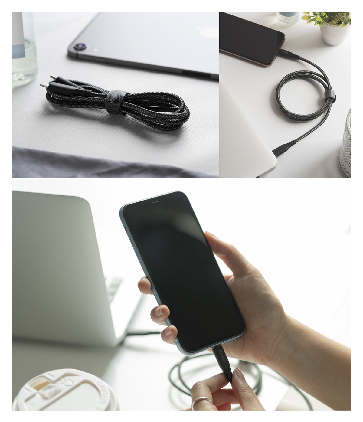 USB Type C to Lightning Cable - Braided black charging cable connecting a smartphone to a laptop, shown coiled and in use.