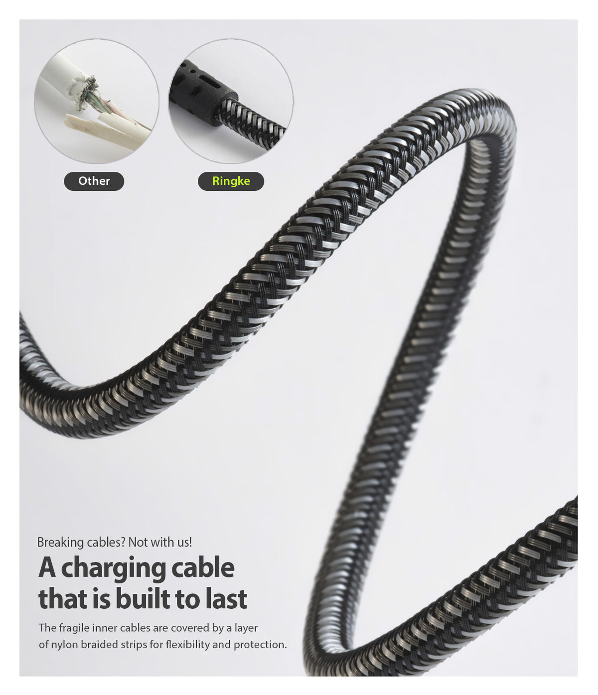 USB Type C to Lightning Cable - Durable black and silver nylon braided cable compared to a damaged standard cable.