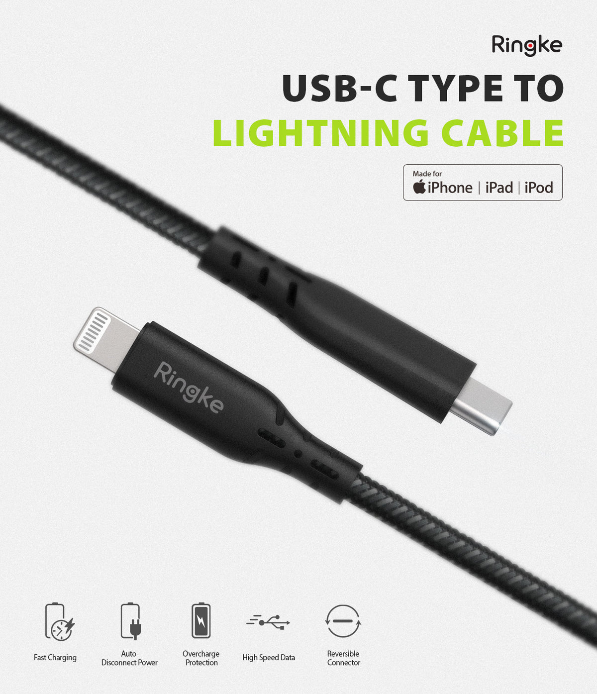 USB Type C to Lightning Cable - Braided cable with USB-C and Lightning connectors, featuring charging and data icons below.